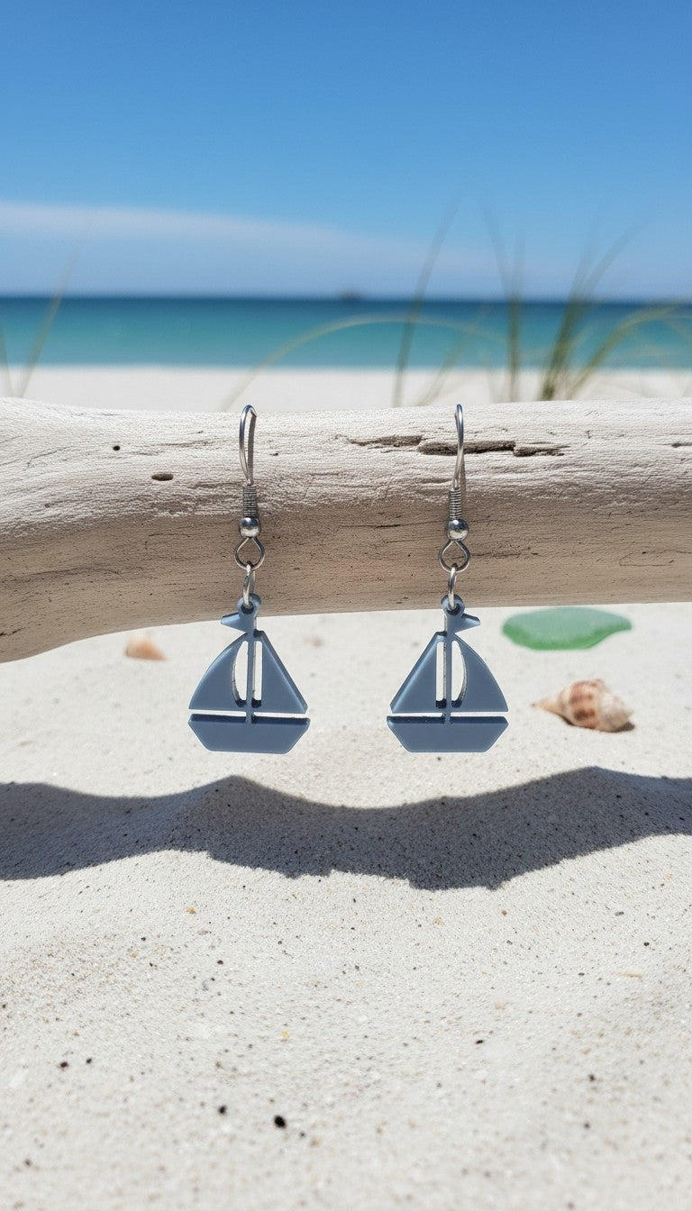 Coastal Sailboat Acrylic Earrings | Nautical Beach Jewelry - Slate Blue