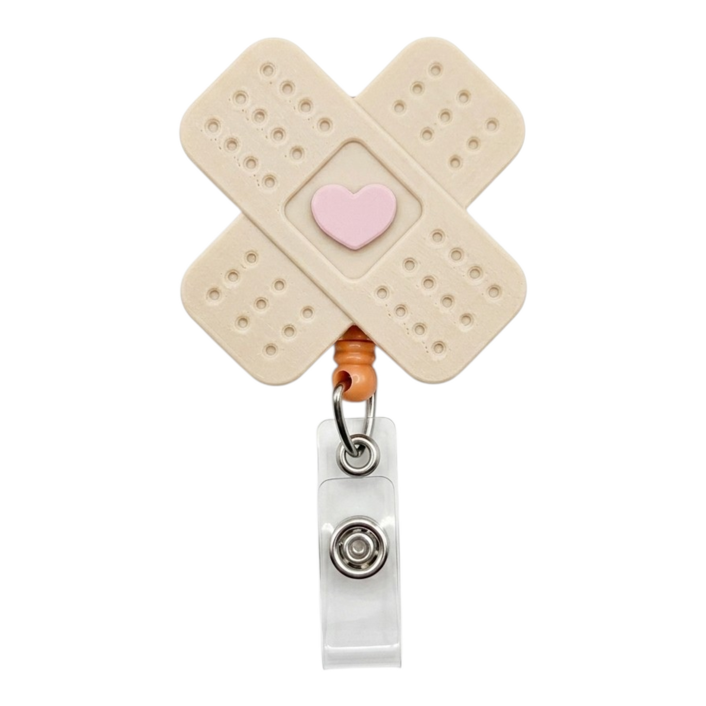 Bandaid-shaped badge holder with a heart and white background