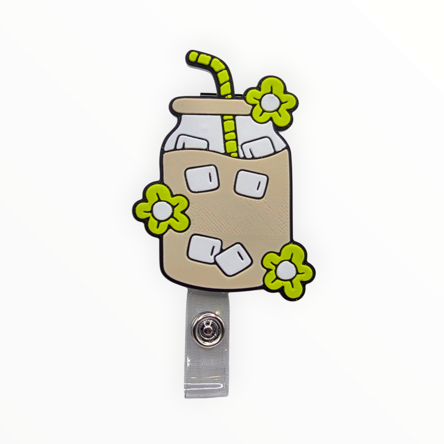 Cartoon-style iced coffee with flowers and a straw on a white background