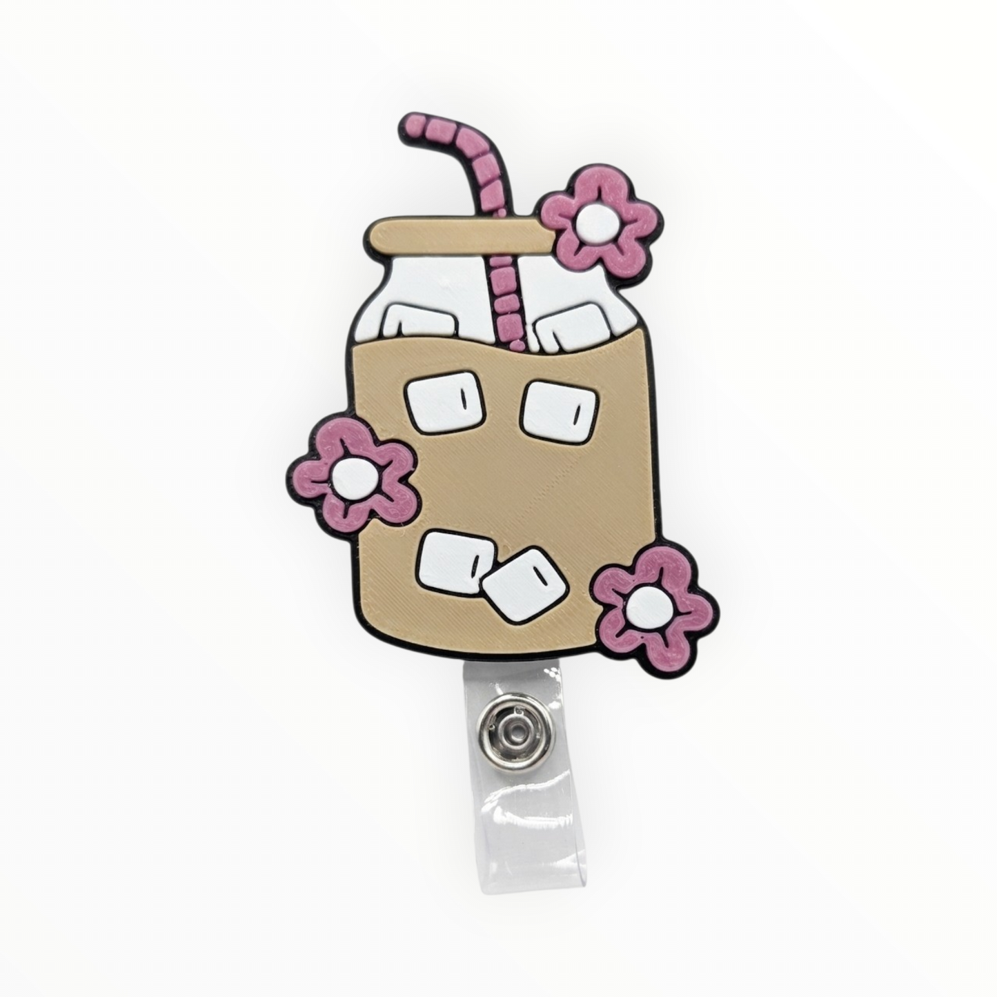 Cartoon-style milkshake with flowers and a straw on a white background