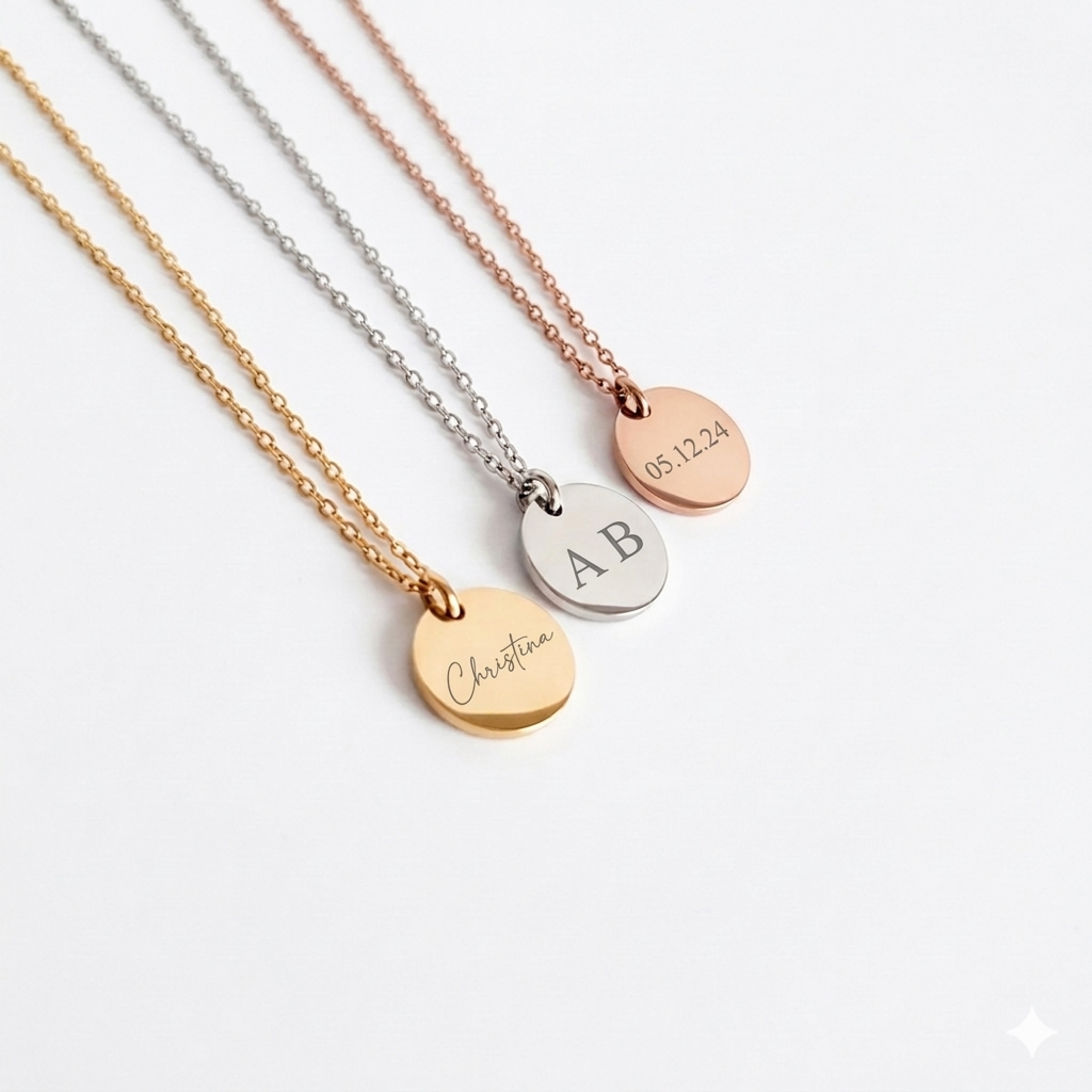 Three gold, silver, and rose gold necklaces with engraved pendants on a white background