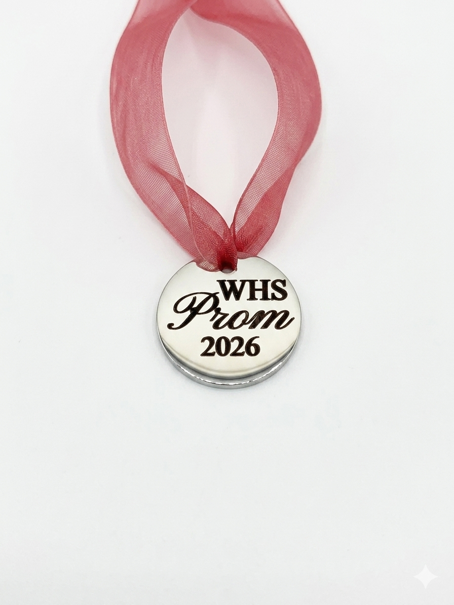 Medal with 'WHS Prom 2026' text on a red ribbon against a white background