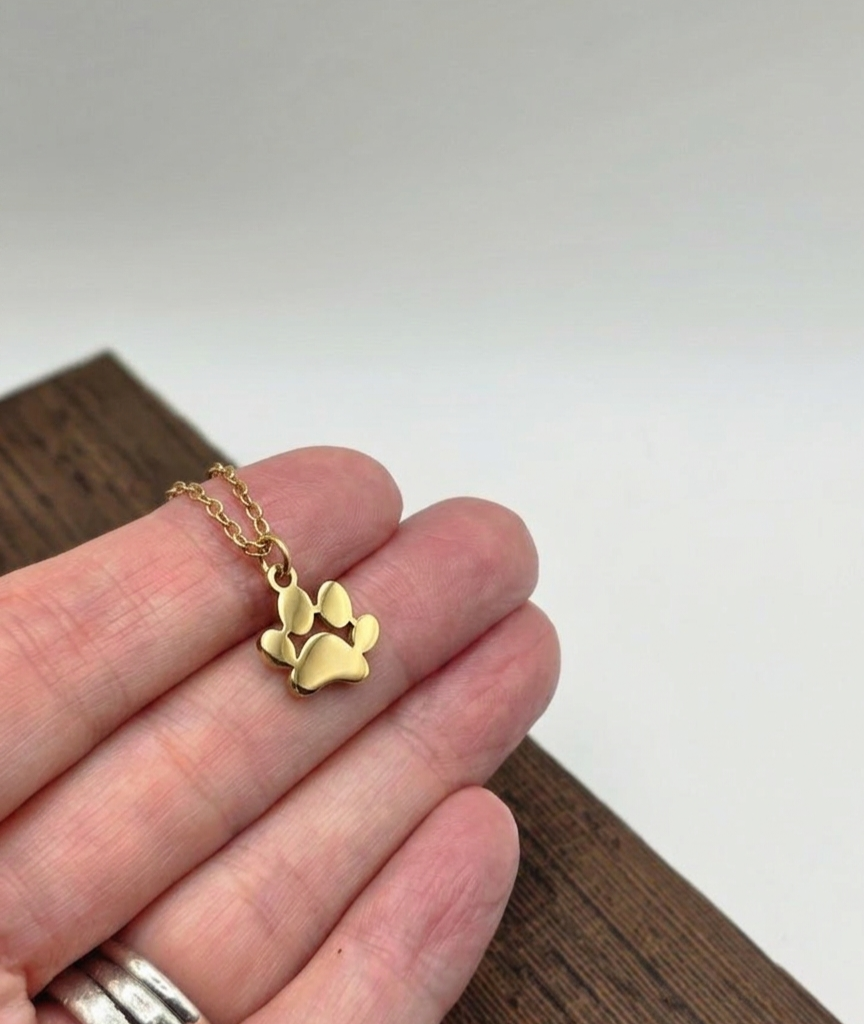 Gold paw print necklace held between fingers on a neutral background