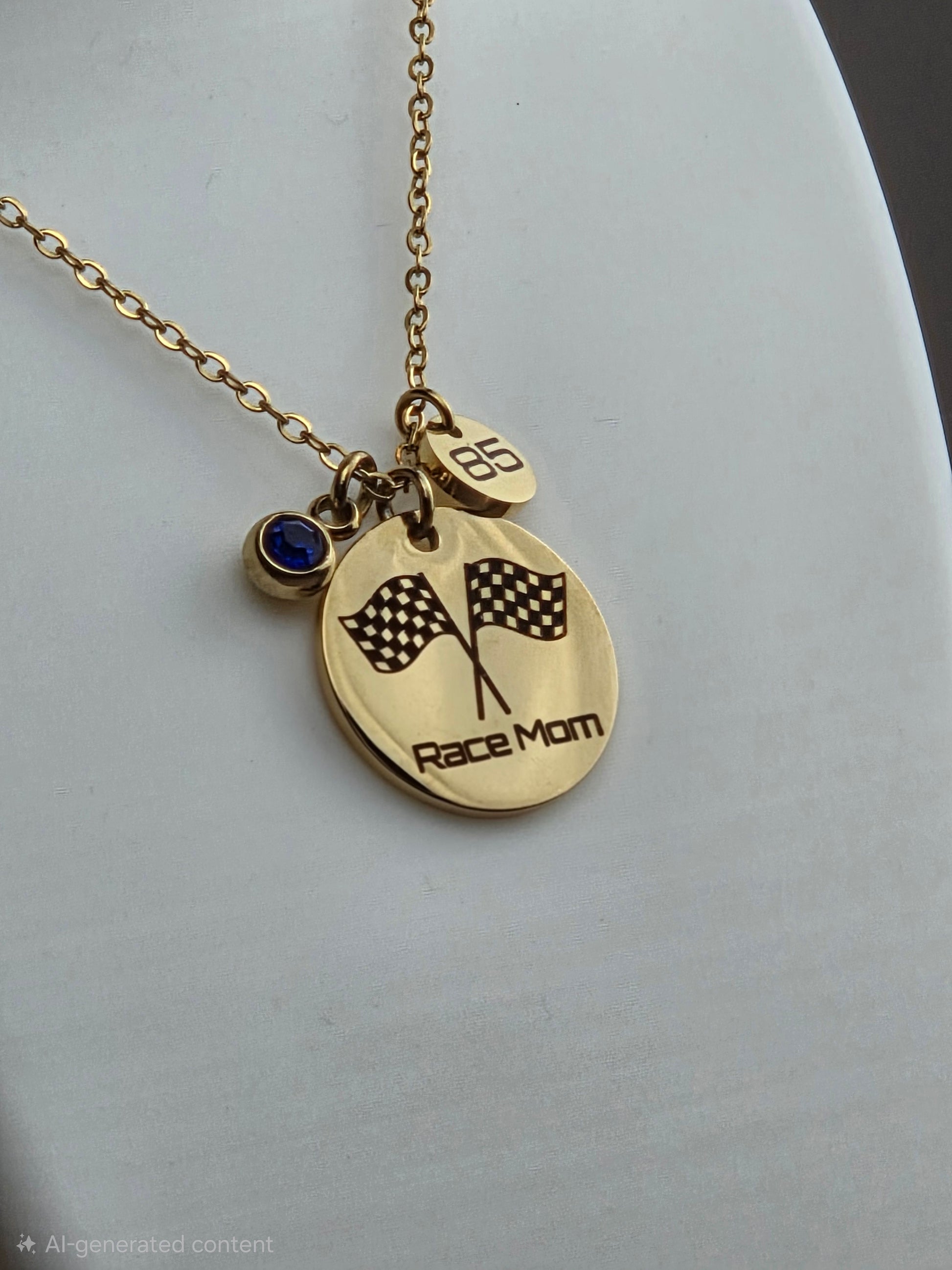 A gold chain necklace with a round engraved disc charm reading 'Race Mom' under two checkered flags, plus a small round tag engraved '65' and a small dark blue bead charm, displayed on a white surface.