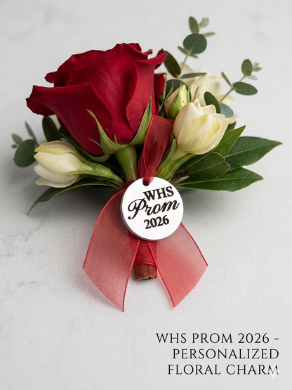 Floral charm with red rose, white tulips, and greenery, featuring a 'WHS Prom 2026' button on a light gray background.