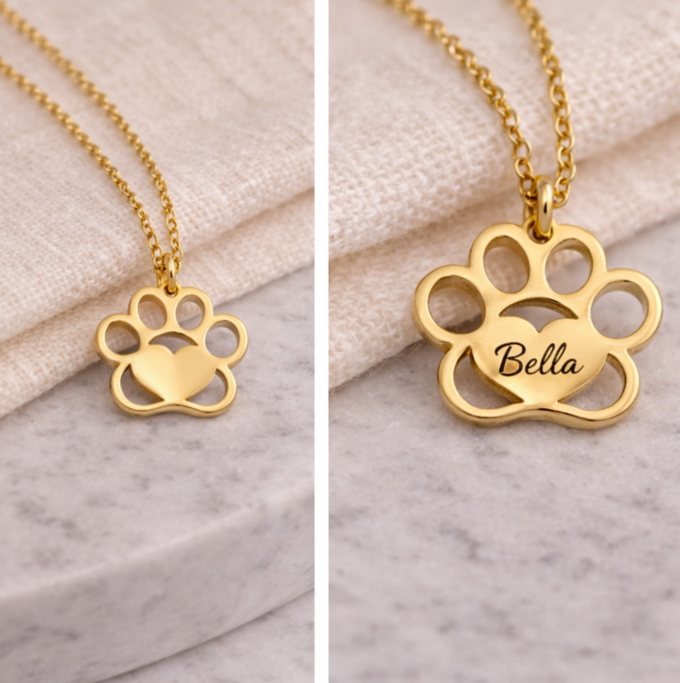 Gold paw-shaped necklace with 'Bella' engraving on a marble surface