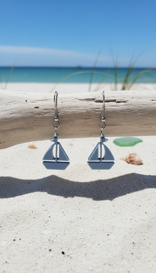 Coastal Sailboat Acrylic Earrings | Nautical Beach Jewelry - Slate Blue