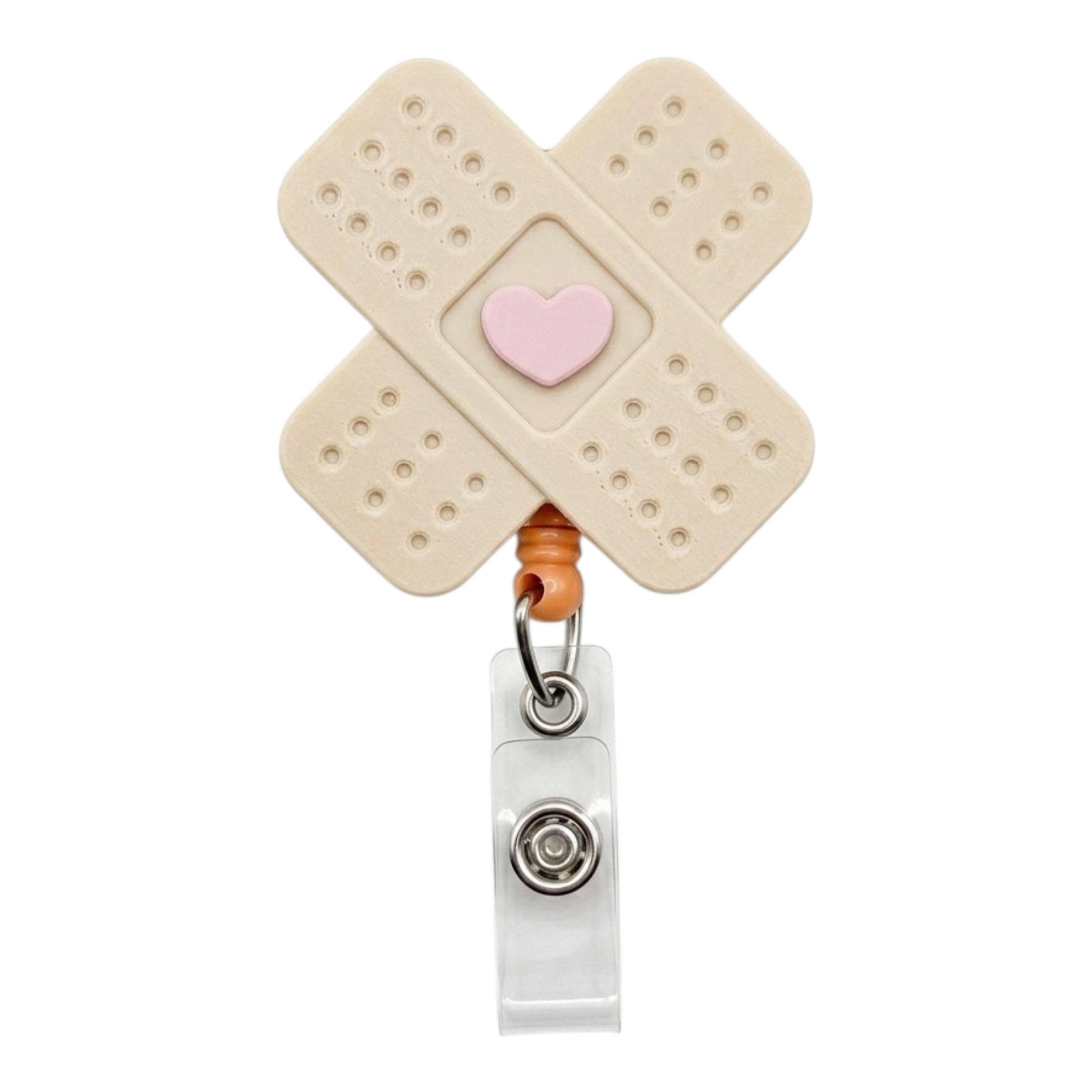 Bandaid-shaped badge holder with a heart and white background