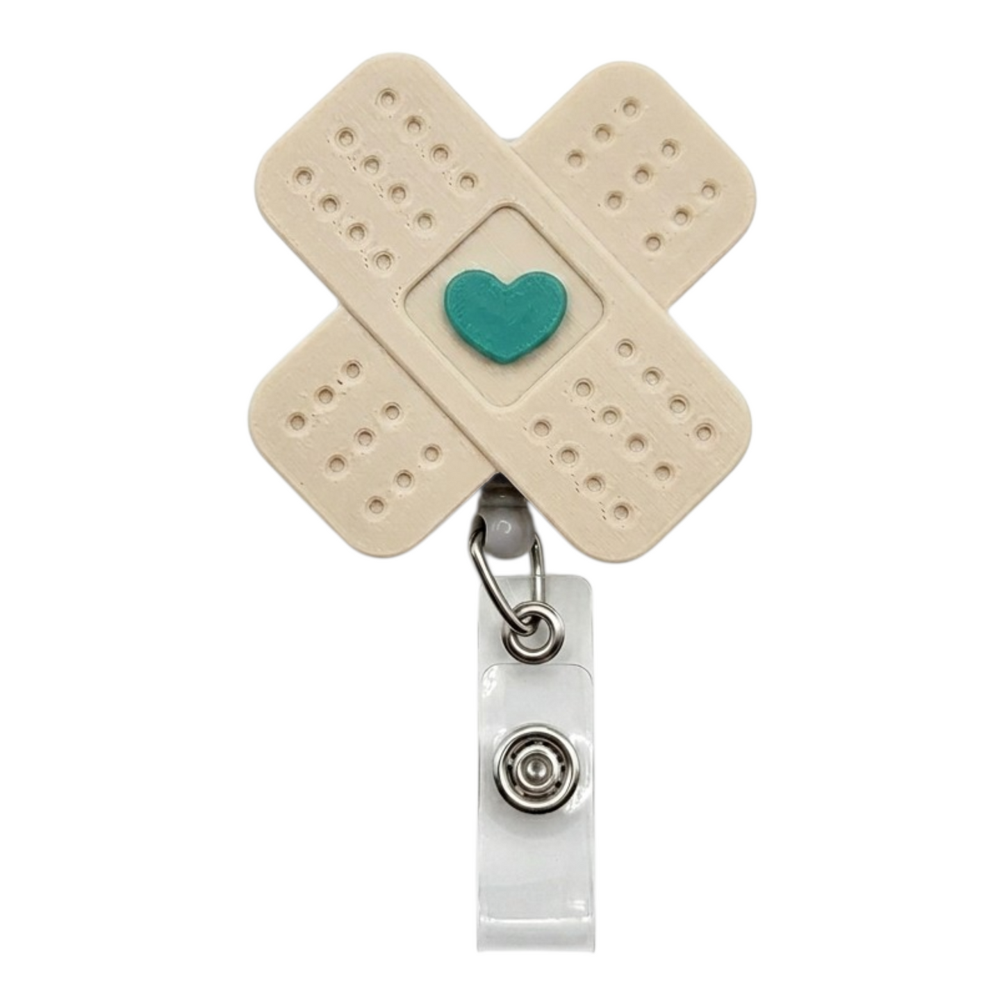 Beige bandage-shaped badge holder with a teal heart on a white background