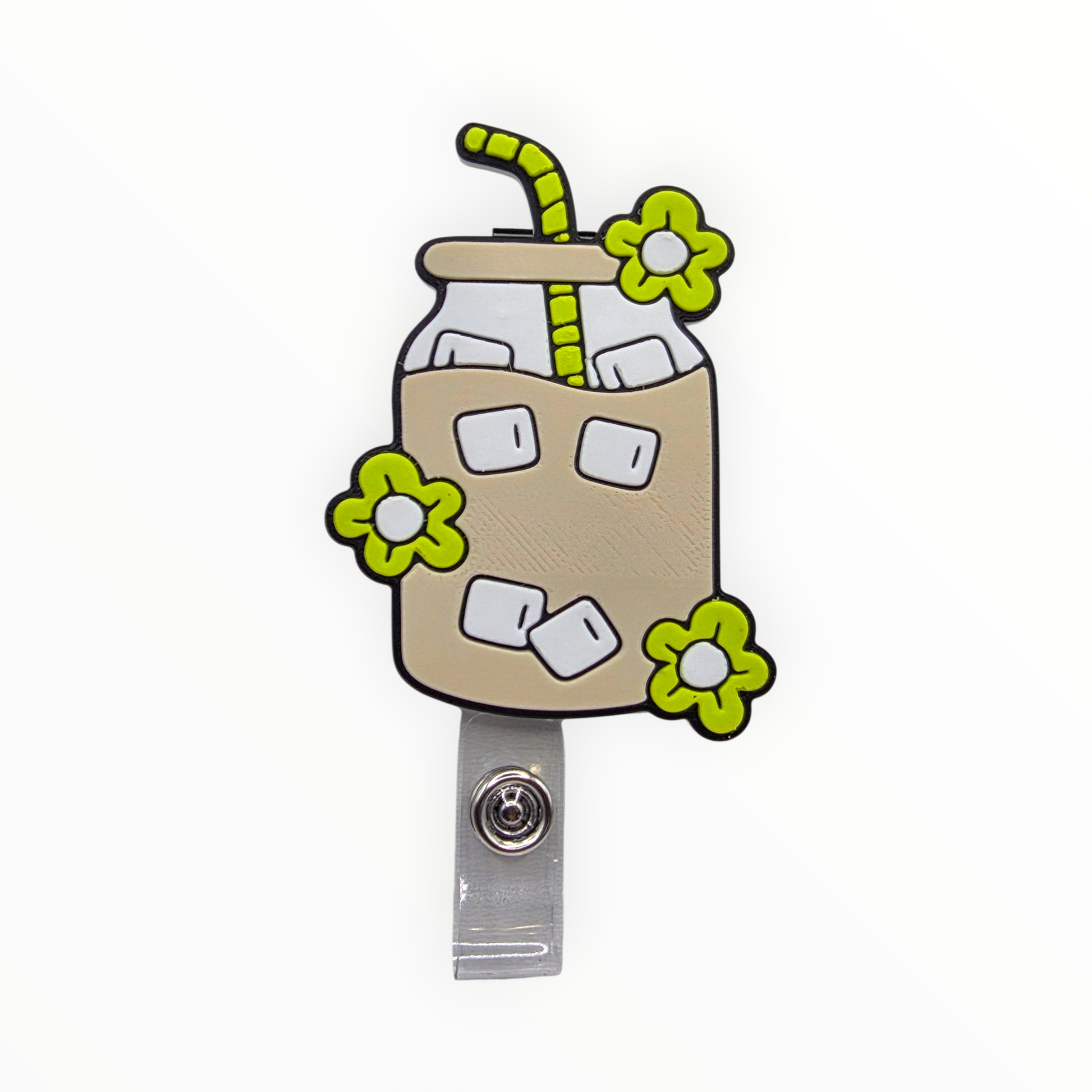 Cartoon-style iced coffee with flowers and a straw on a white background