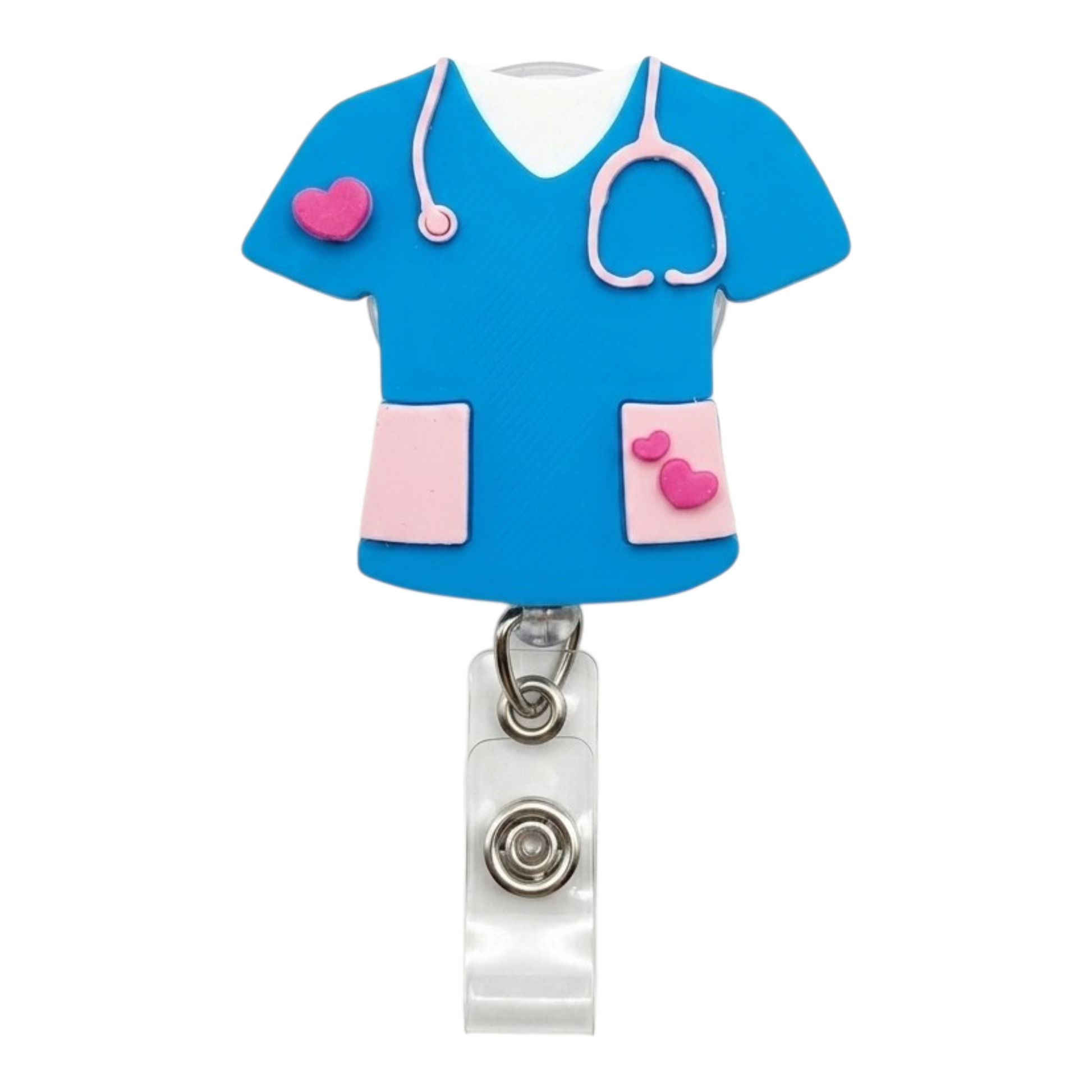 Blue and pink medical scrubs-themed badge holder on a white background