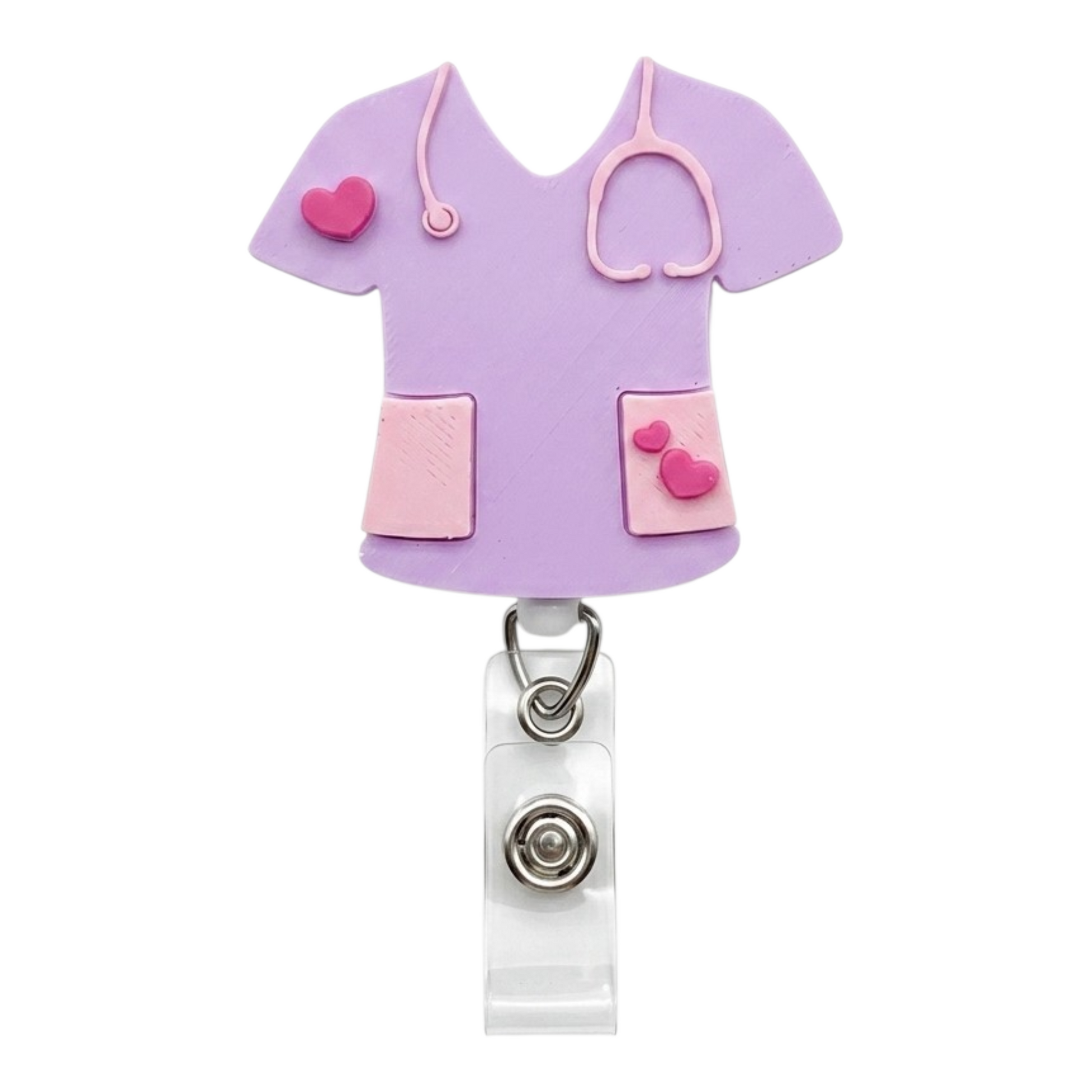 Purple and pink medical scrubs-themed badge holder on a white background