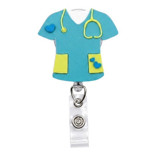 Badge holder shaped like a medical scrub top with a stethoscope on a white background