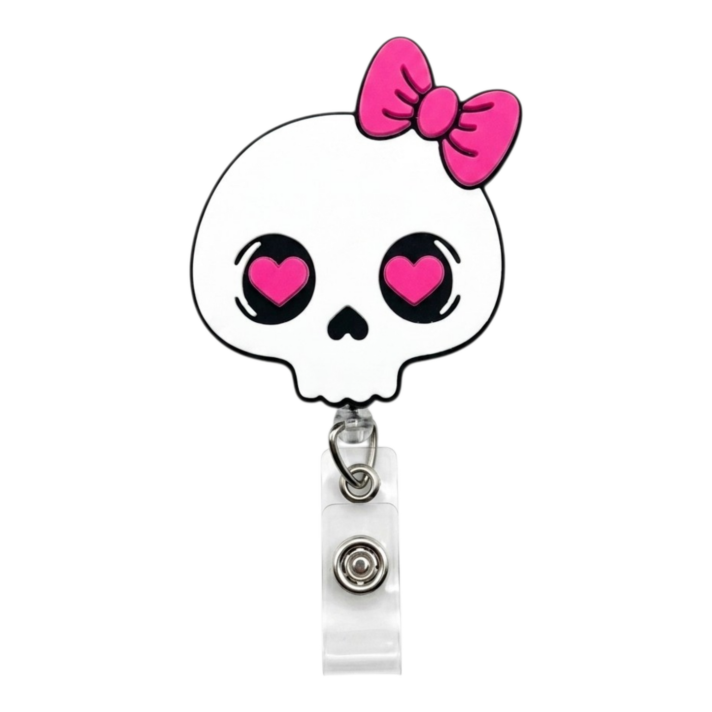 Skull-shaped badge holder with pink bow and heart eyes on a white background