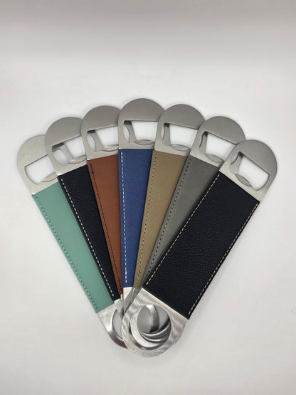 Leatherette bottle opener color choices teal black camel blue rawhide grey and black