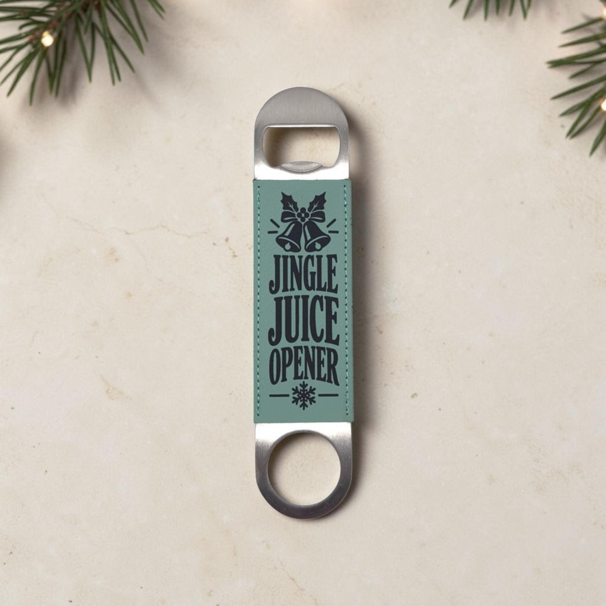 Teal Christmas bottle opener engraved Jingle Juice Opener