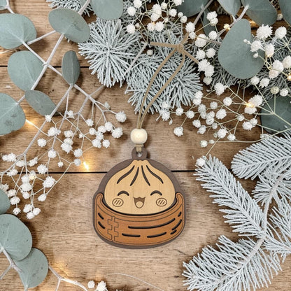 Handmade layered wood dumpling Christmas ornament with wooden bead and hanging cord