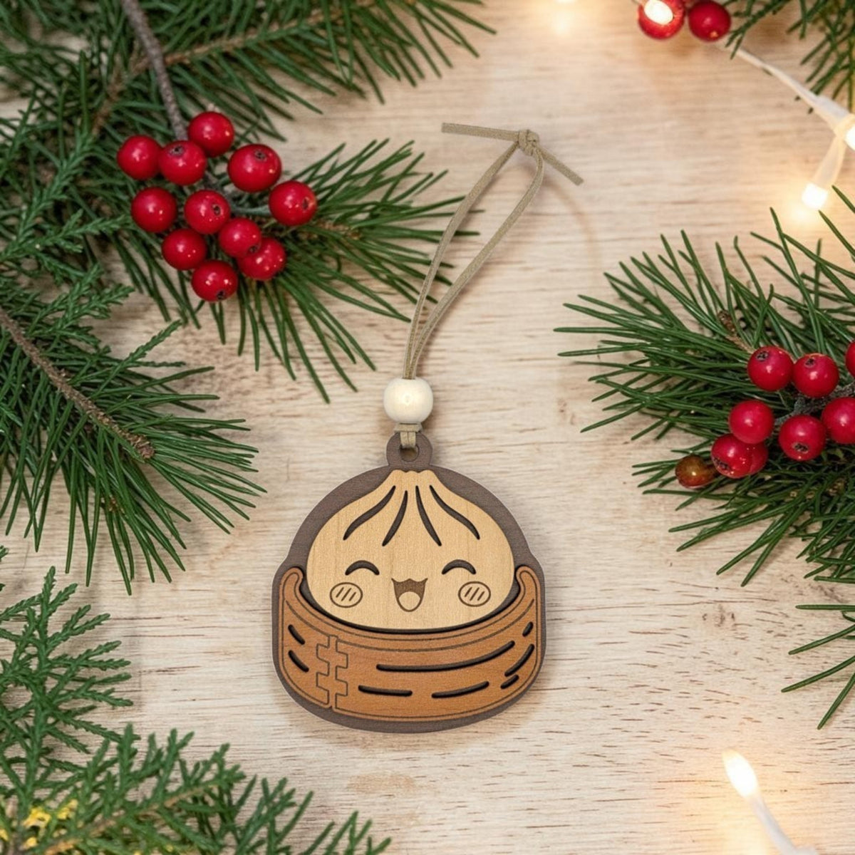 Layered wood Christmas dumpling ornament styled with greenery and red berries