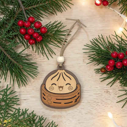 Layered wood Christmas dumpling ornament styled with greenery and red berries