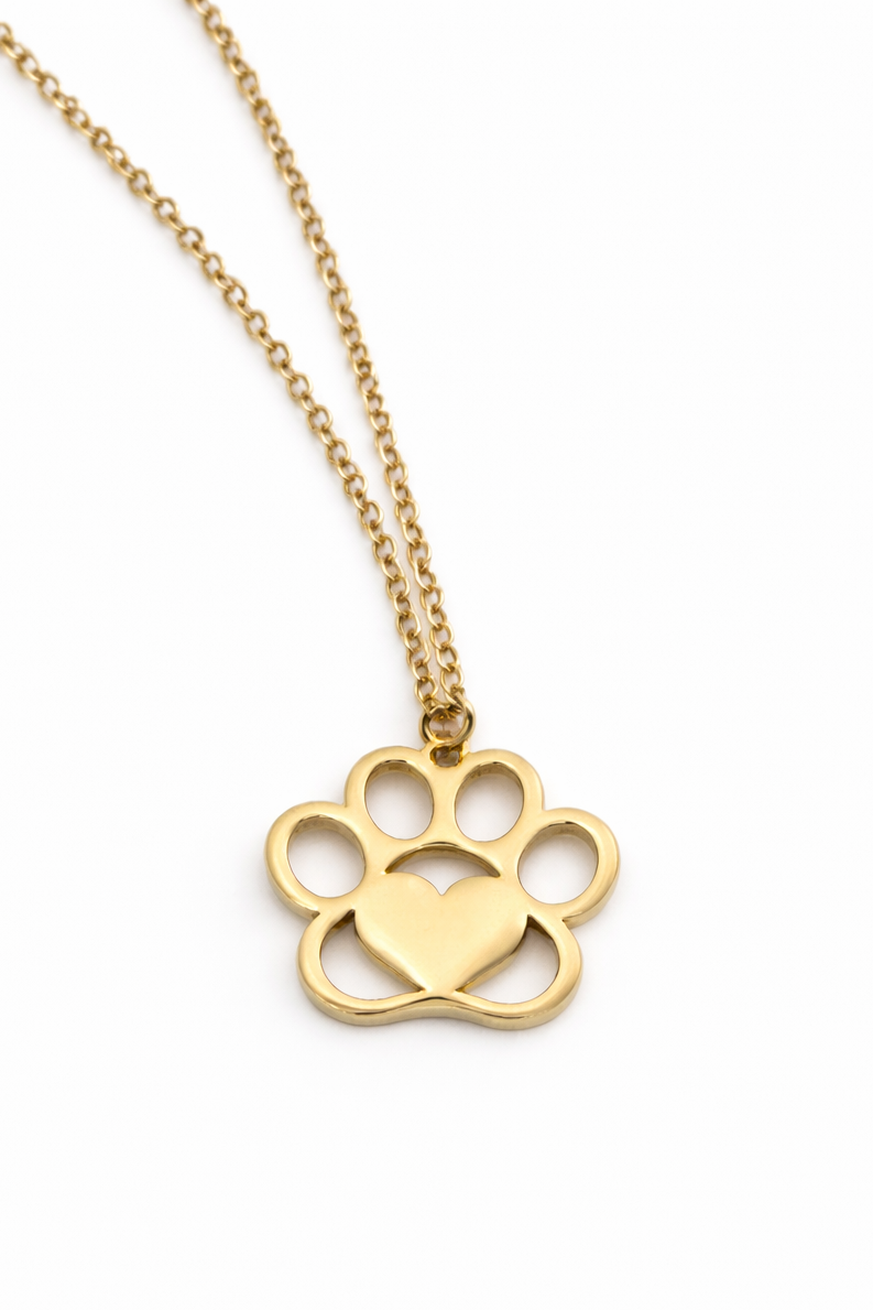 Gold necklace with a paw-shaped pendant on a white background