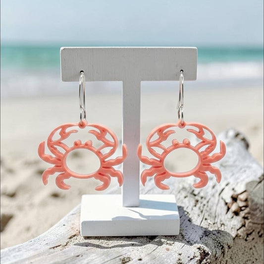 Coastal Crab Acrylic Earrings | Lightweight Beach Jewelry | Gold or Silver Stainless Steel Hooks
