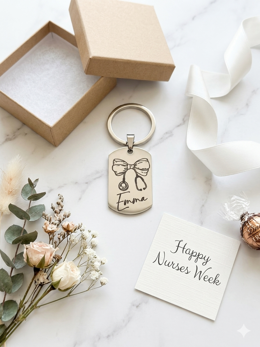 Keychain with engraved name and bow design, placed on a marble surface with flowers and a card.
