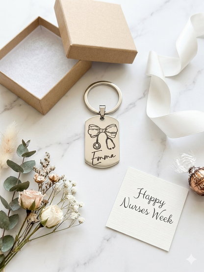 Keychain with engraved name and bow design, placed on a marble surface with flowers and a card.