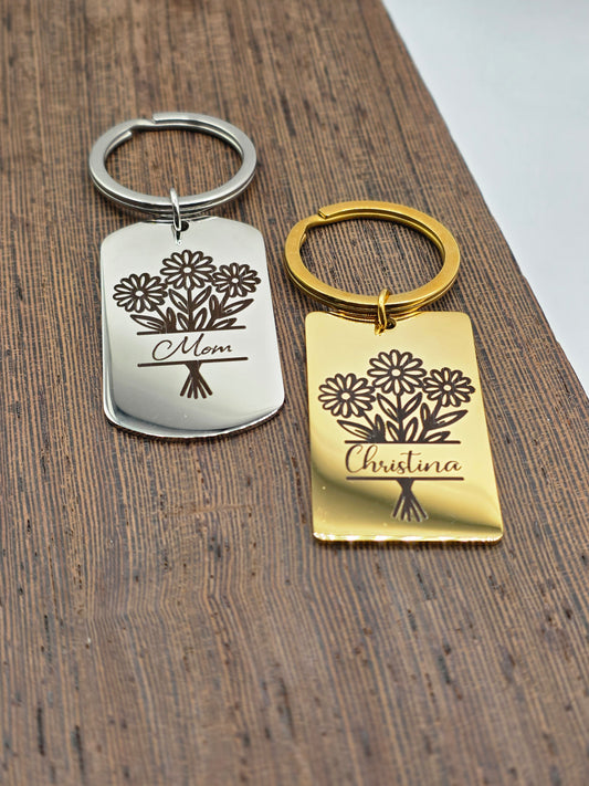Personalized Flower Bouquet Keychain | Custom Name Keychain | Gift for Her | Birthday Gift | Graduation Gift | Gold or Silver